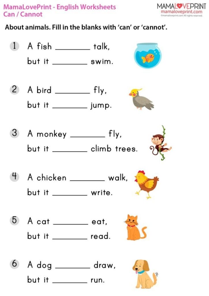 MamaLovePrint Grade 1 English Worksheets Basic Grammar Can Cannot 