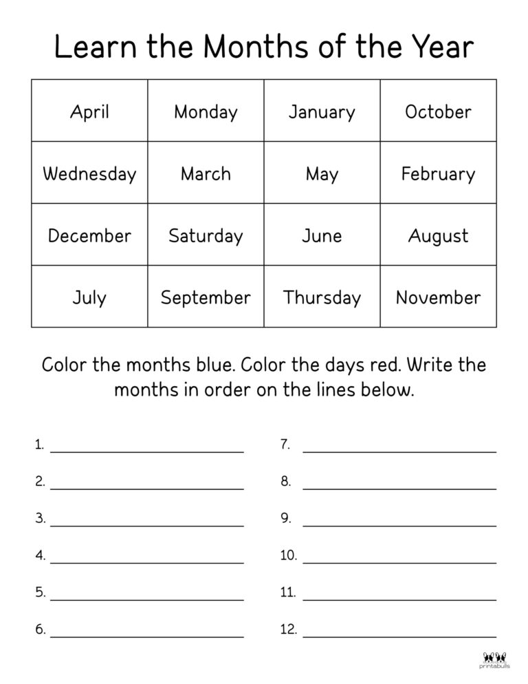 Months Of The Year Worksheets