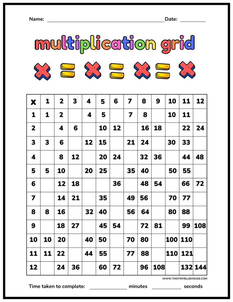 Multiplication Chart Worksheet Printable