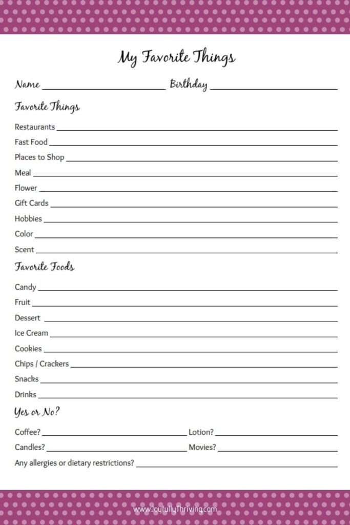 My Favorite Things Worksheet For Adults