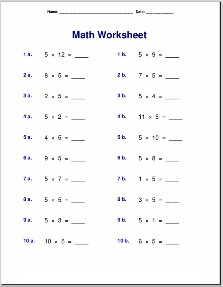 Printable 5 Times Table Worksheet