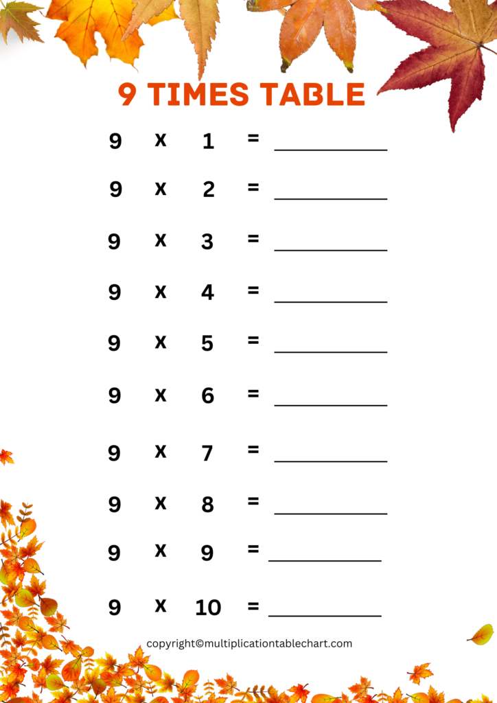 Printable 9 Multiplication Table Worksheet Multiplication Table