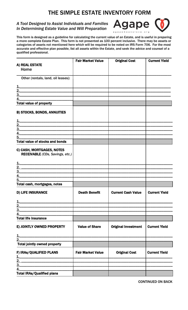 Printable Estate Inventory Worksheet