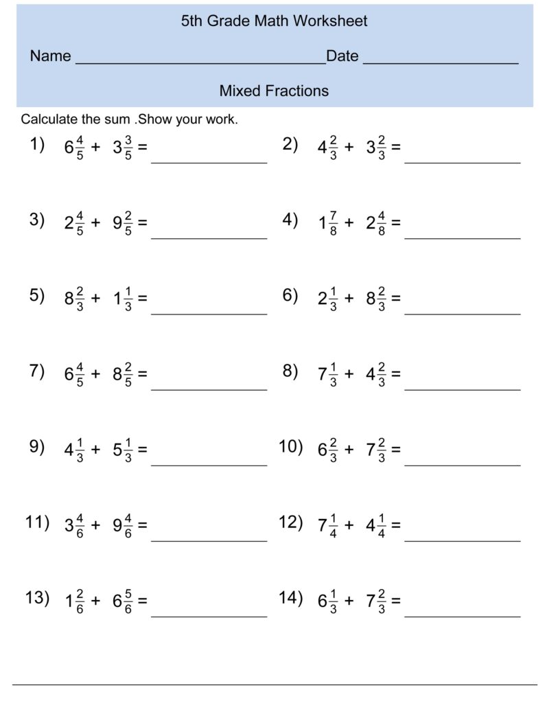 Printable Fifth Grade Worksheets