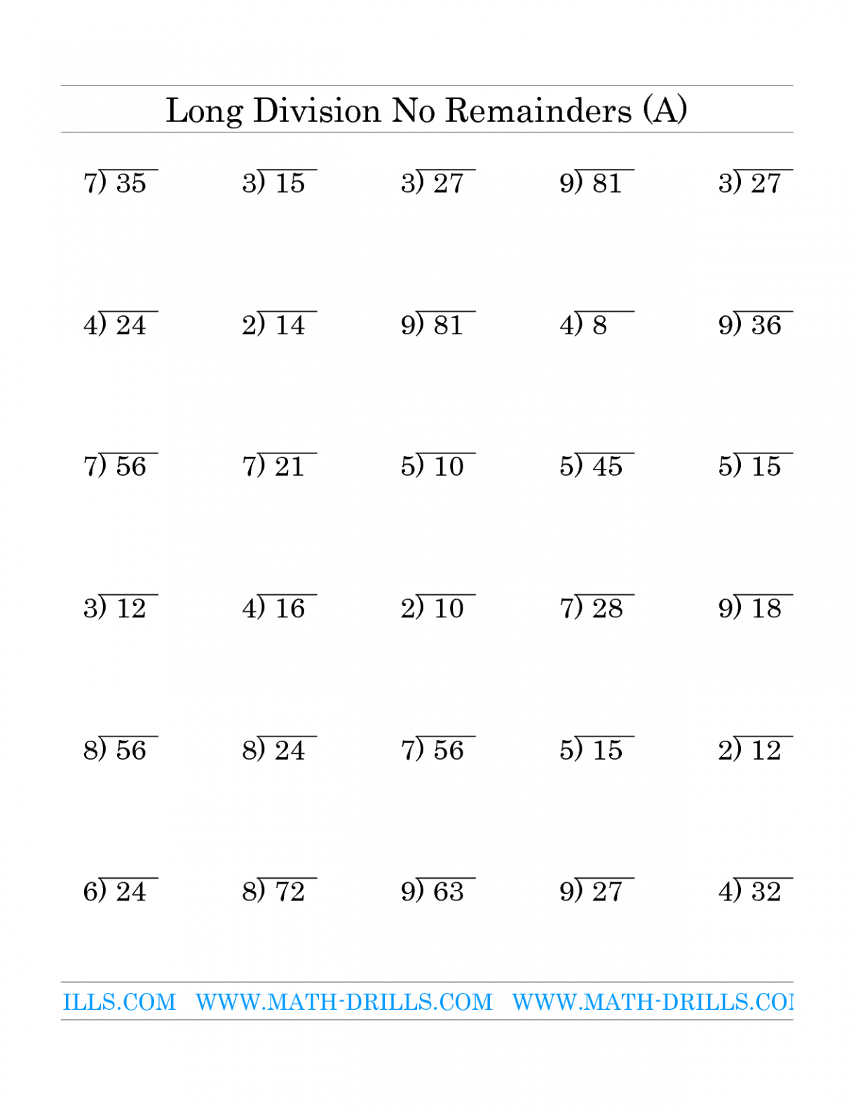 Printable Long Division Worksheets