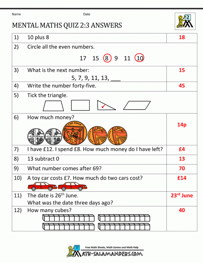 Printable Mental Maths Year 2 Worksheets