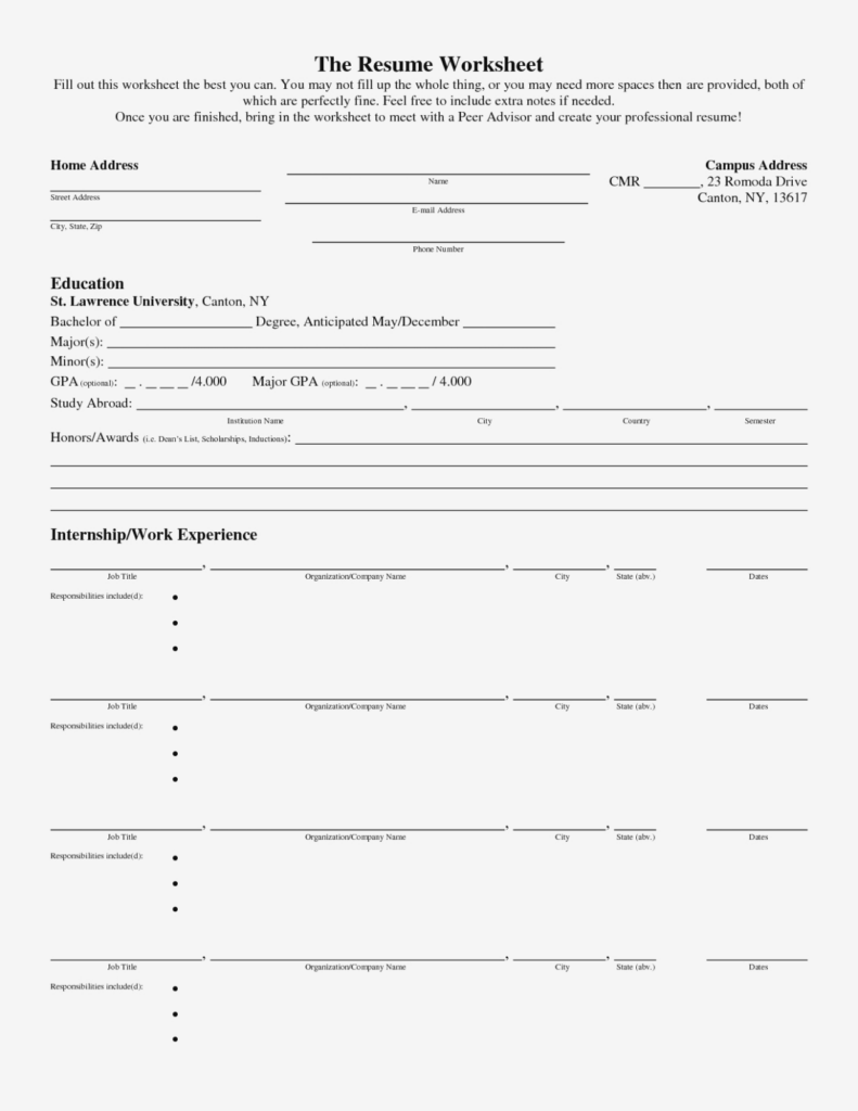 Printable Resume Builder Worksheet Printable Worksheets