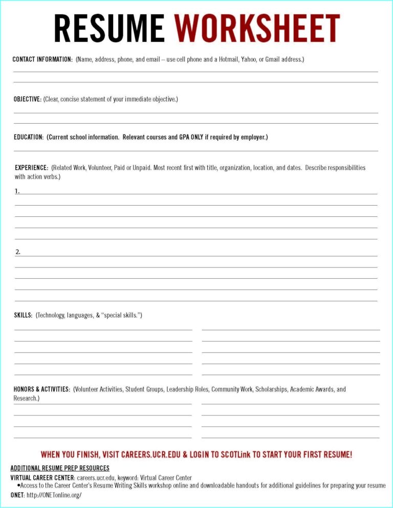 Resume Worksheet Printable And High School Template Building 