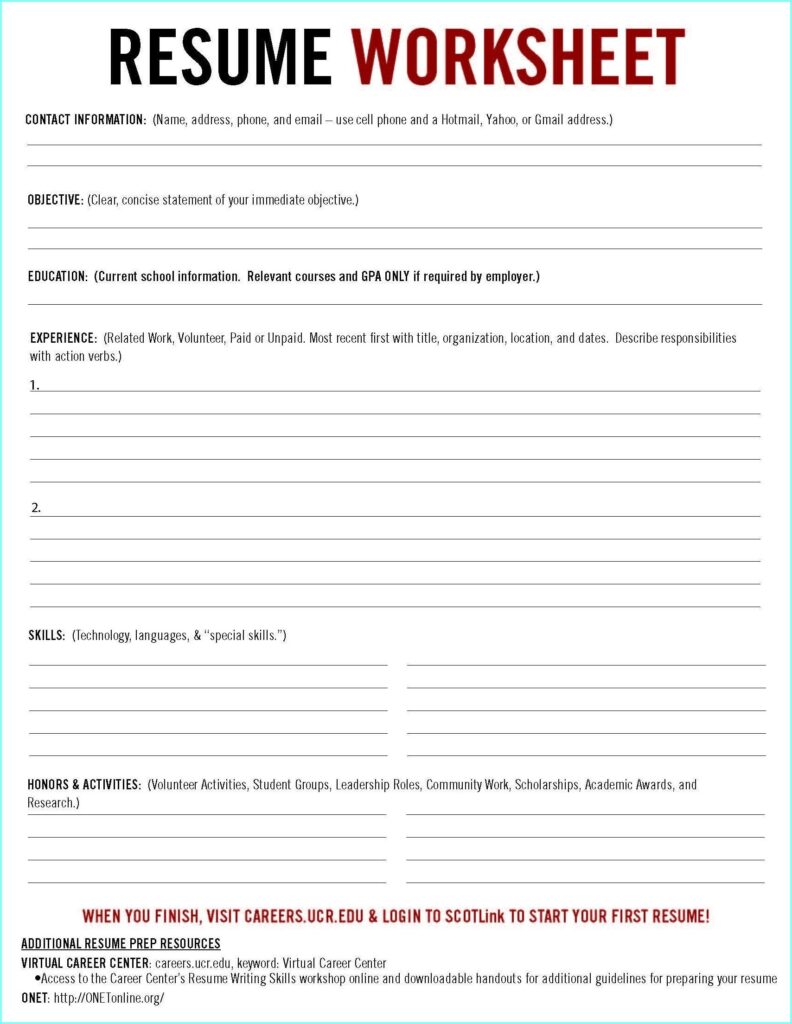 Resume Worksheet Printable And High School Template Building 