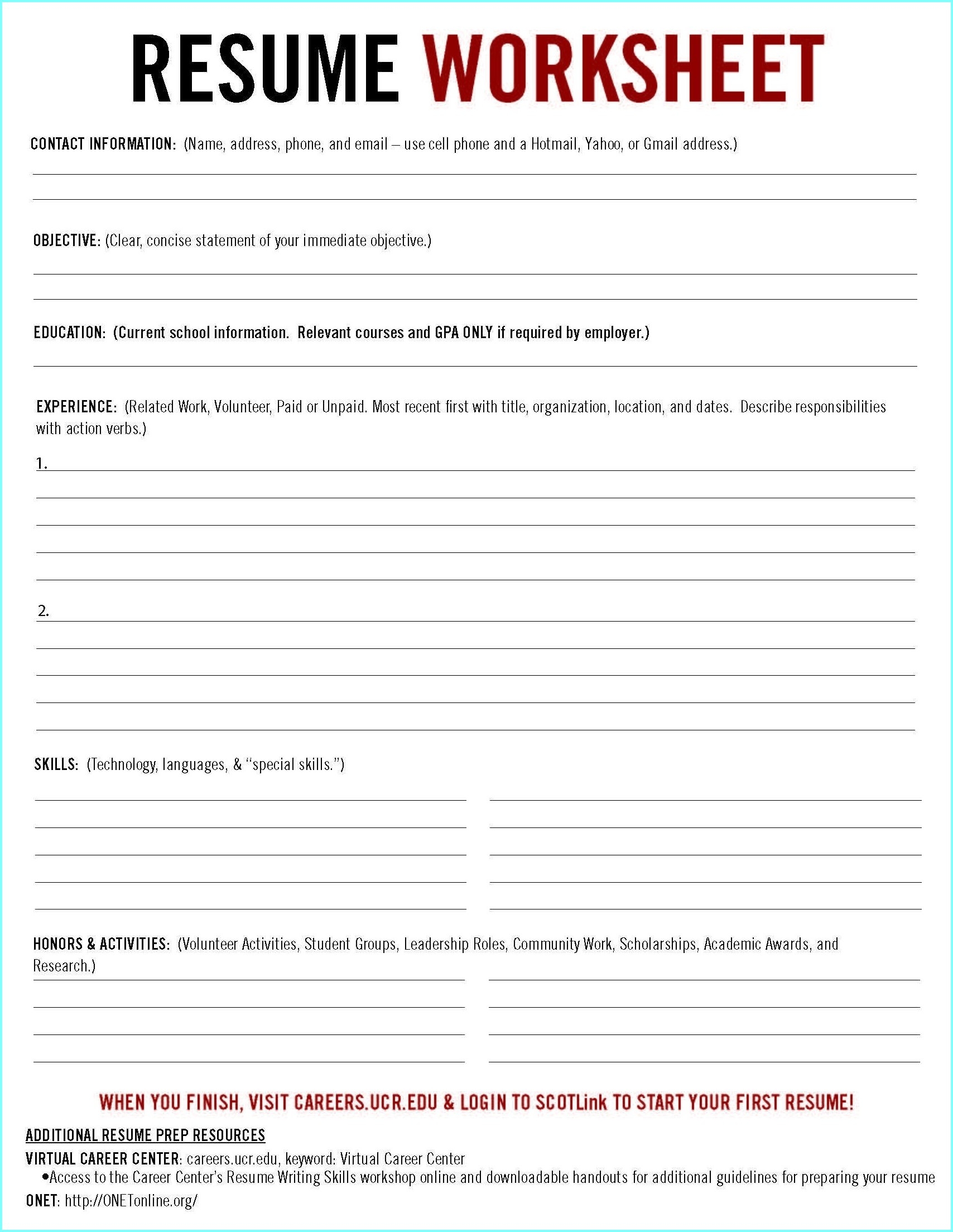 Resume Worksheet Printable And High School Template Building