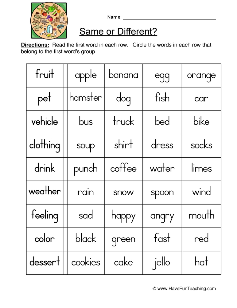 Same Different Categories Worksheet Have Fun Teaching