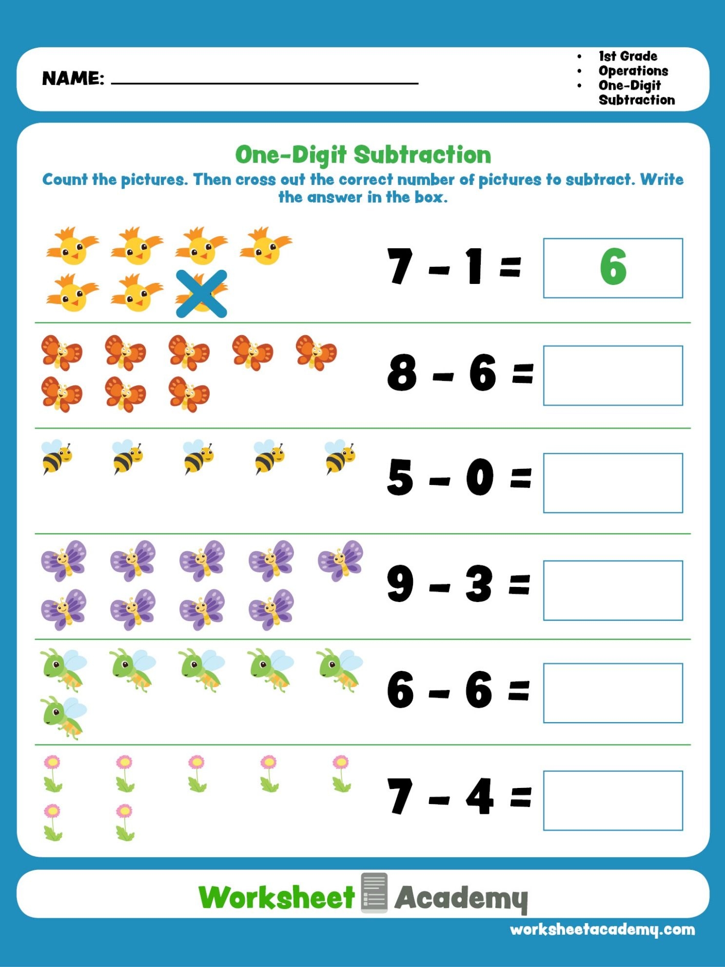 Subtractions Worksheet 1st Grade