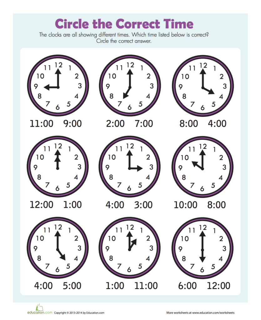 Telling Time Free Printable Worksheets