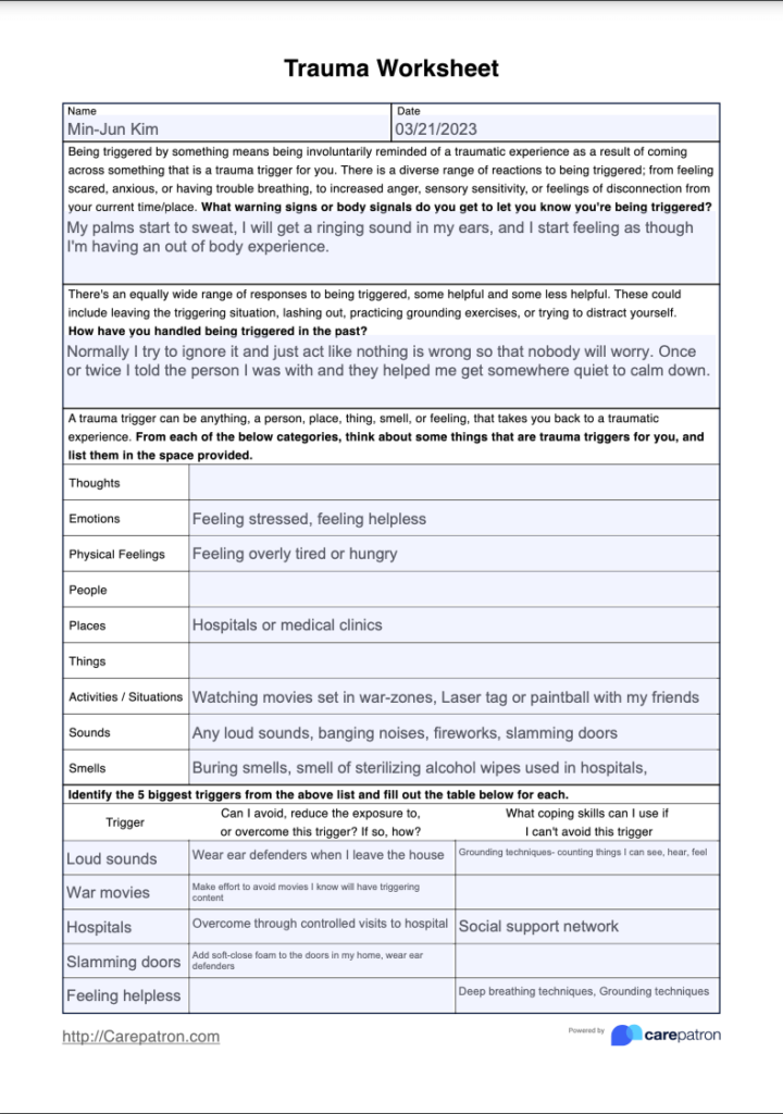 Trauma Worksheet Example Free PDF Download