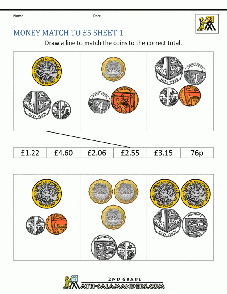 UK Money Worksheets To 5