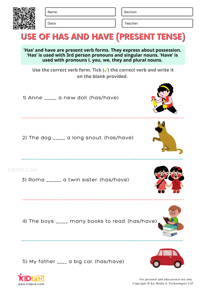 Use Of Has And Have Worksheets For Grade 1 Kidpid