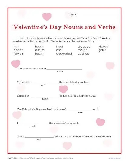 Valentine s Day Nouns And Verbs Worksheet For 2nd Grade