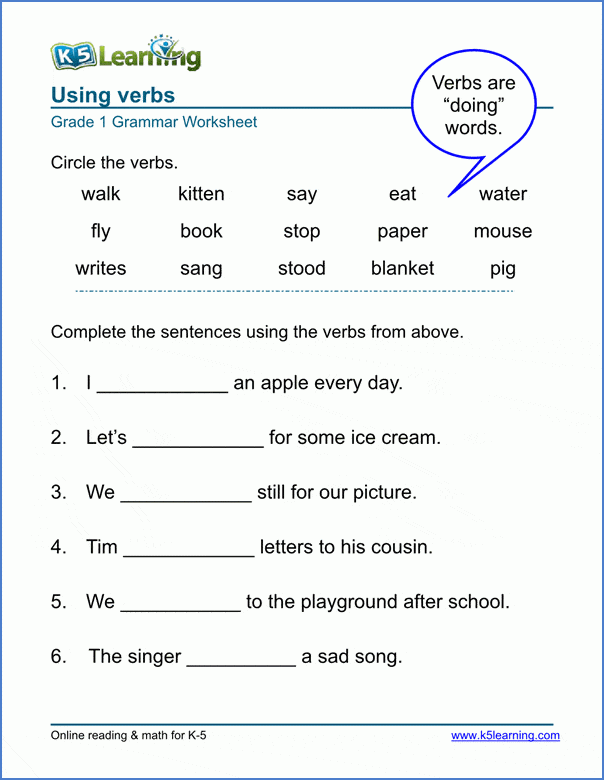 Verb Worksheets K5 Learning